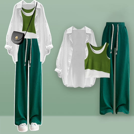 Chic Greenr Shirt Cami Top Pants Set