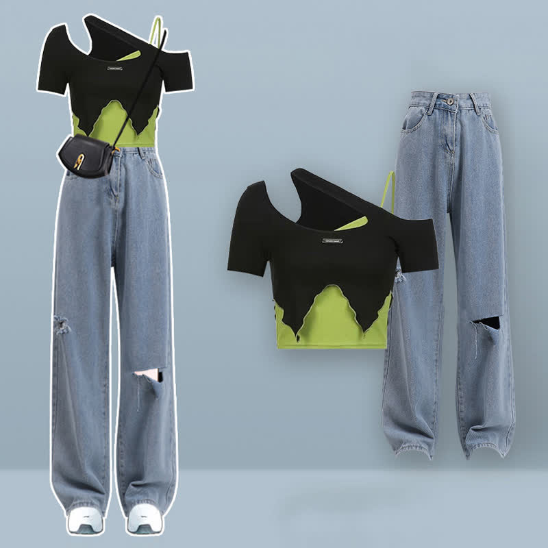 Oblique Colorblock Top Pocketed Pants Cargo Crop