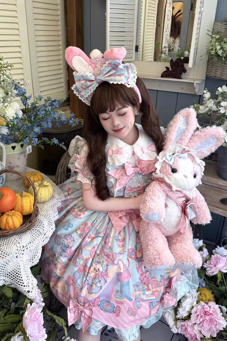 Blue Pink Rainbow Buffy Bunny Sleeveless Double Layer Ribbon Doll Print Ruffle Bow Sweet Lolita JSK Set