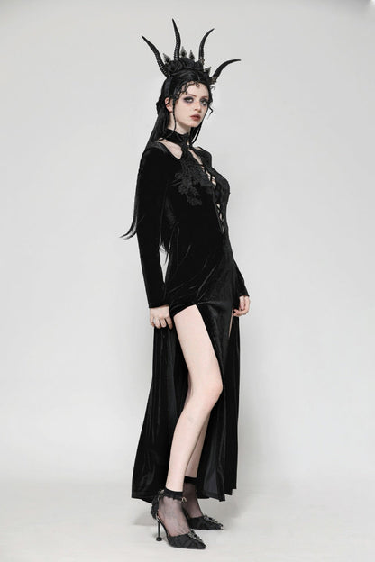 Long Sleeve Cut-Out Lace-Up Gothic Side Slit Velvet Party Wedding Dress