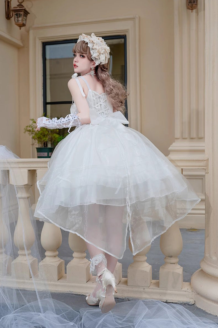 White Sleeveless Ruffled Sleeping Garden Hanayome Bow-Trim Sweet Lolita JSK Dress