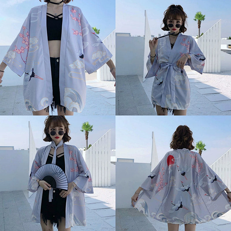 Vintage Crane Chinese Kimono Outerwear Sun Protective