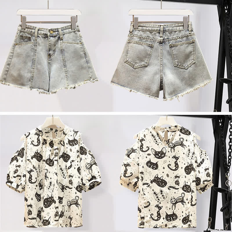 Chiffonhemd mit kaltem Schulter-Print und Kitty-Print, lässige Jeansshorts