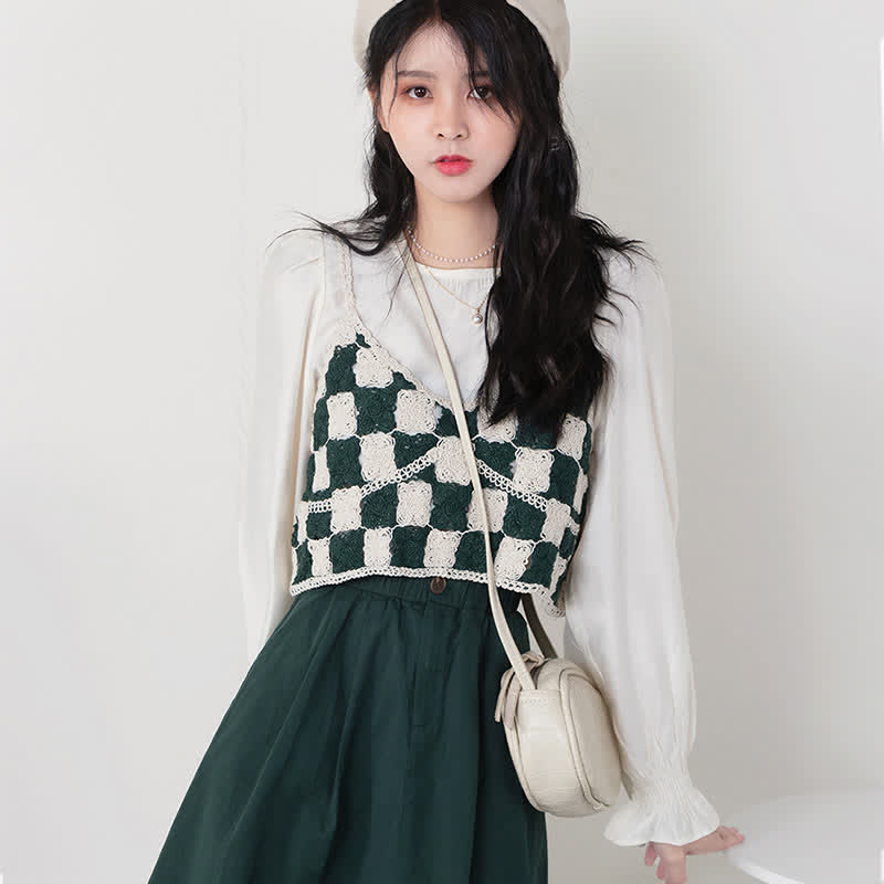 Skirt Set Plaid Chiffon Pleated Shirt Vest Green
