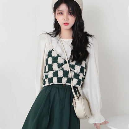 Skirt Set Plaid Chiffon Pleated Shirt Vest Green