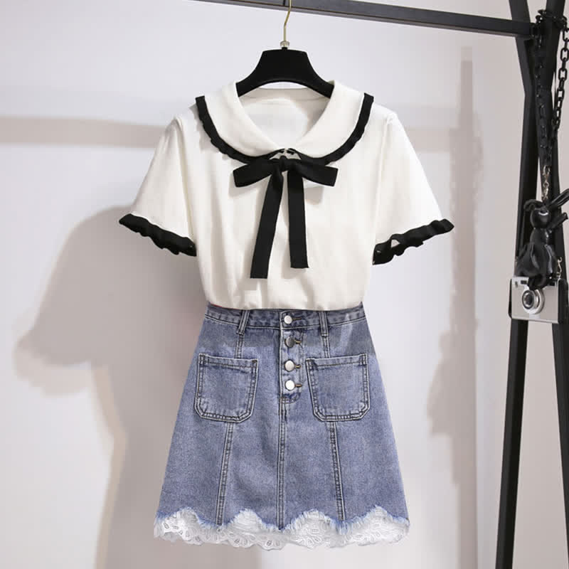 High T-Shirt Denim Skirt Bowknot Waist Knitted