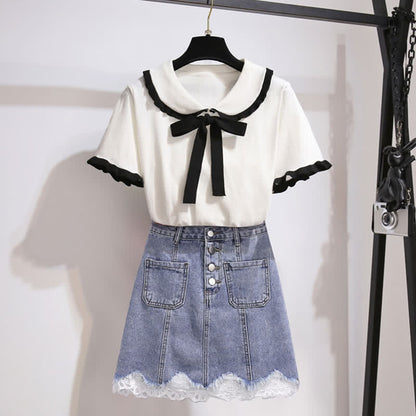 High T-Shirt Denim Skirt Bowknot Waist Knitted
