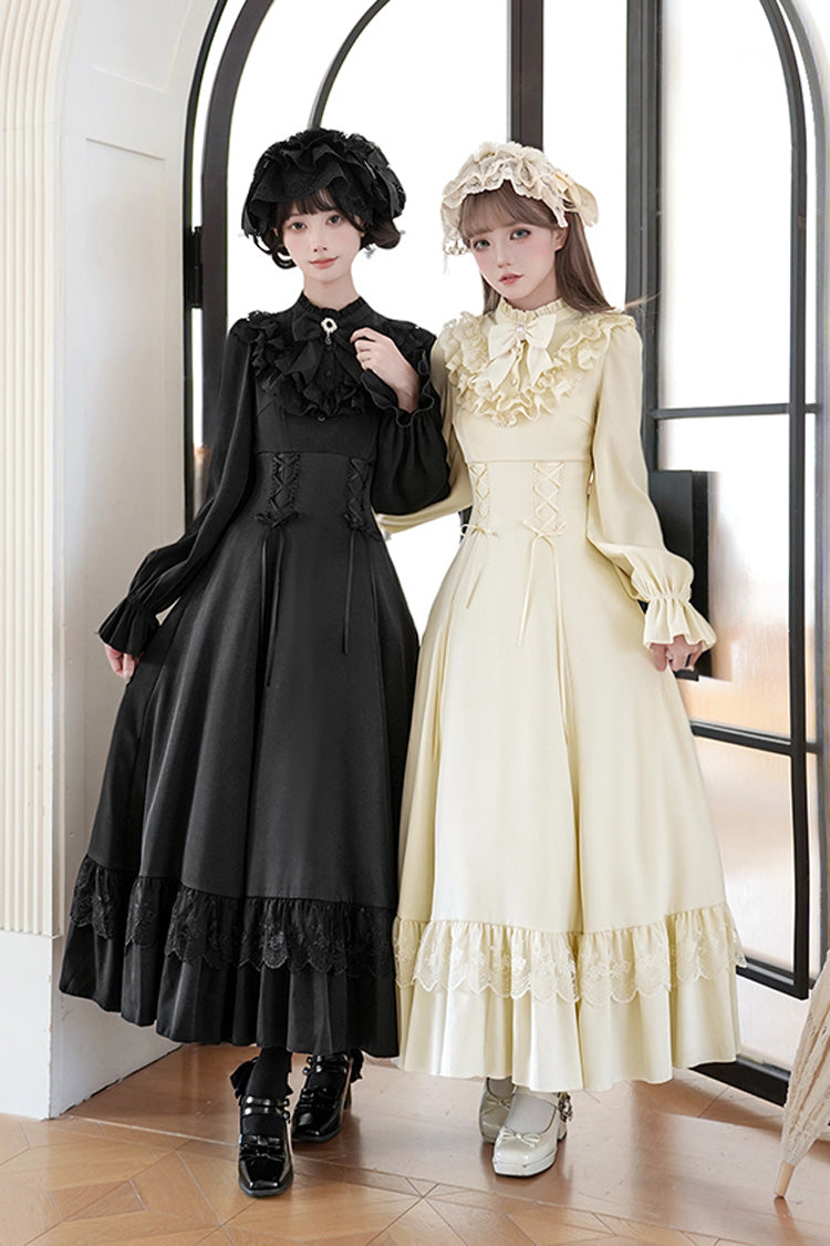 Stand Collar Gothic Dress with Long Sleeves and Lace-Up Ruffled Bow - Letters & Poems · Day and Night