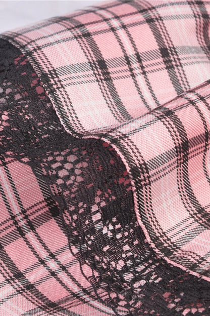 Pink Heart Plaid Double-Layer Ruffled Mini Skirt with Lace Hem