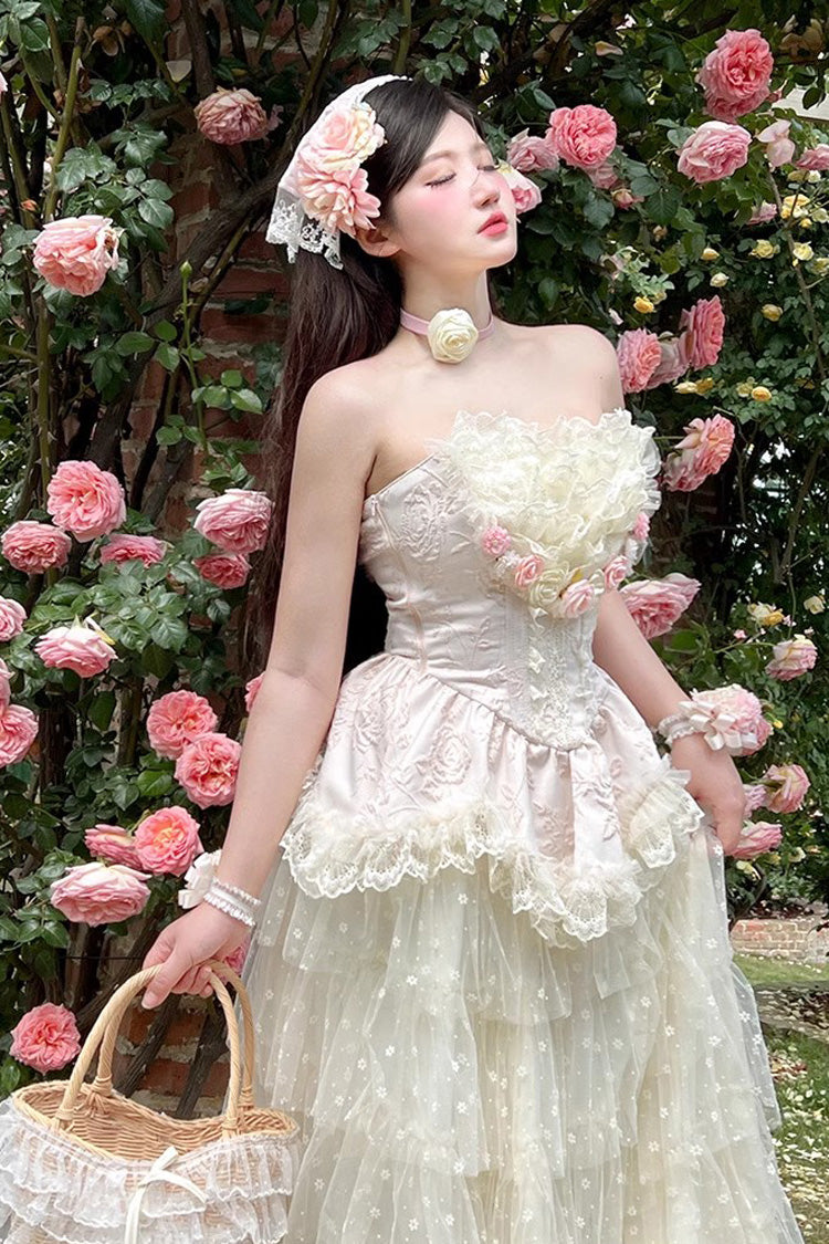 Pink Floral Love Ruffle Bow Lace Elegant Lolita Maxi Set