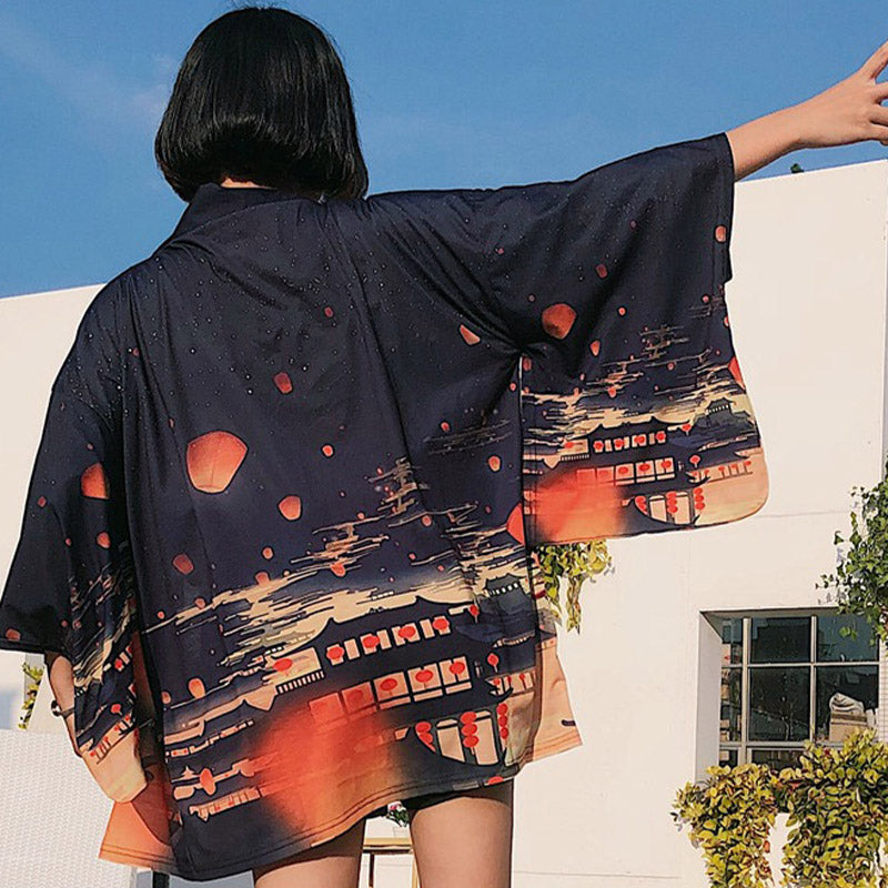 Cardigan kimono vintage de nuit avec lanternes