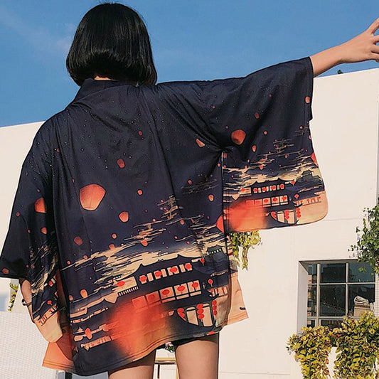 Cardigan kimono vintage de nuit avec lanternes