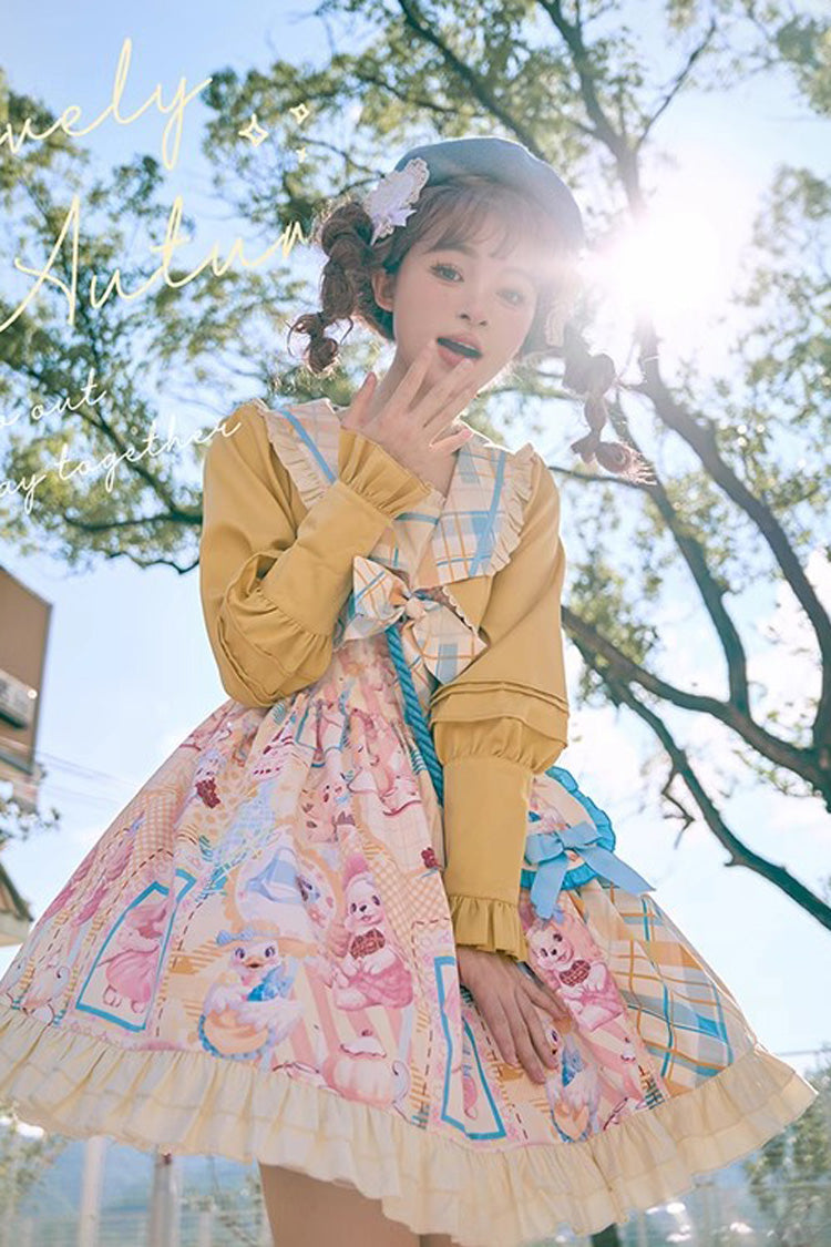 Cat Holiday Print Ruffle Bow Two-Piece Illusion Sweet Lolita Gown in Yellow Pink