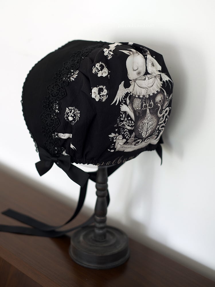 Bunny Print Black Dark Lolita Bonnet