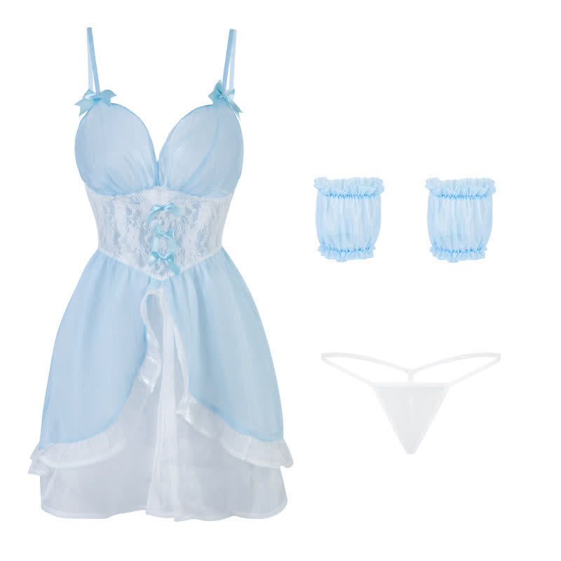 Ensemble de lingerie Fairy Blue Maid avec robe et bas à col en V