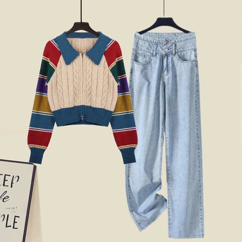 Stripe Set Sweater Colorblock Cardigan Pants