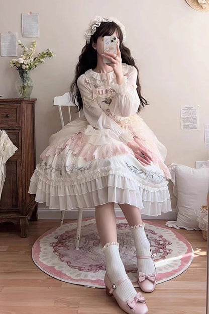 Summer Lily of The Valley Multi-layer Print Ruffle Embroidery Sweet Lolita Jsk Dress 2 Colors