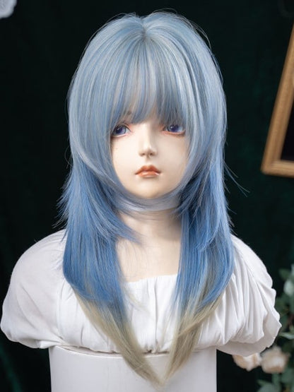 Blue Ombre Hair Color 65CM Length Hime Cut Straight Wig With Air Bangs