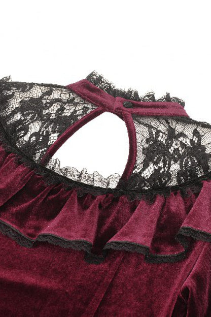 Crimson Knit Velvet Maxi Gown with Long Sleeves - Gothic Graduation Attire