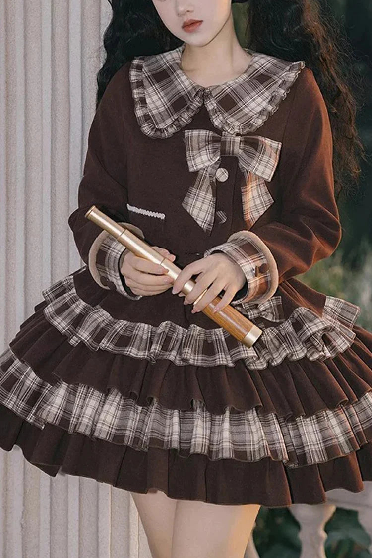 Dark Brown Multi-Layer Bowknot College Style Autumn Winter Princess Sweet Lolita Set