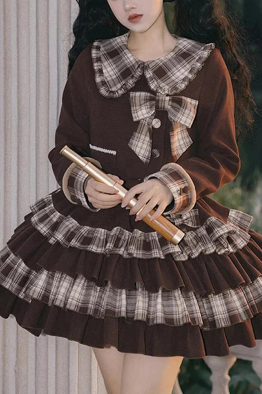 Dark Brown Multi-Layer Bowknot College Style Autumn Winter Princess Sweet Lolita Set