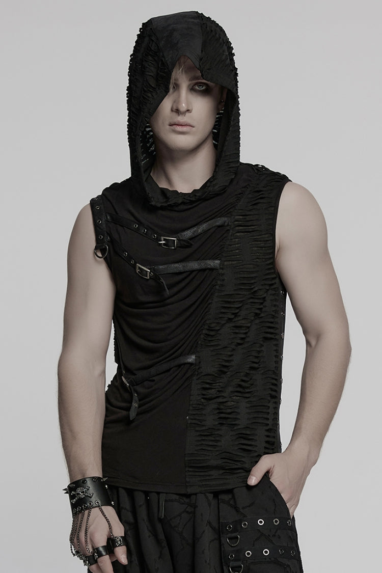 Ruched Punk Sleeveless Hooded Vest with Rips - NoirEdge