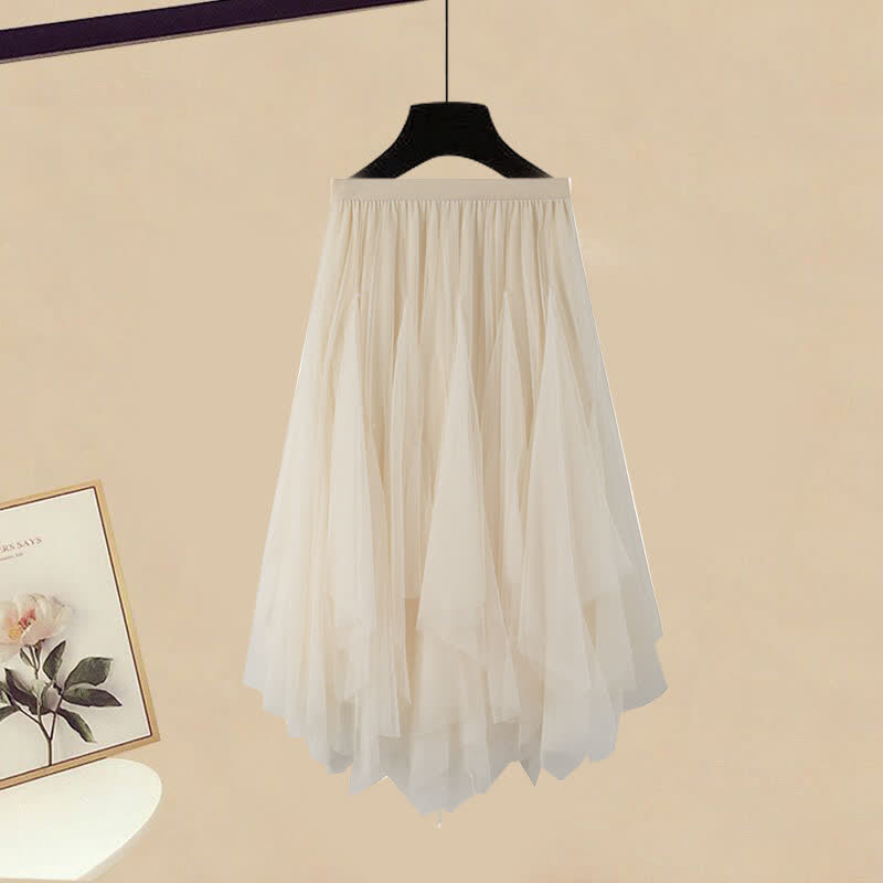 Tulle White Up T-Shirt Lace Skirt Irregular Polo