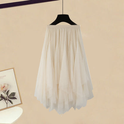 Tulle White Up T-Shirt Lace Skirt Irregular Polo