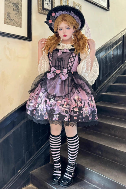 Purple Printed Gothic Lolita JSK Dress with Bowknot Lace and Ruffle