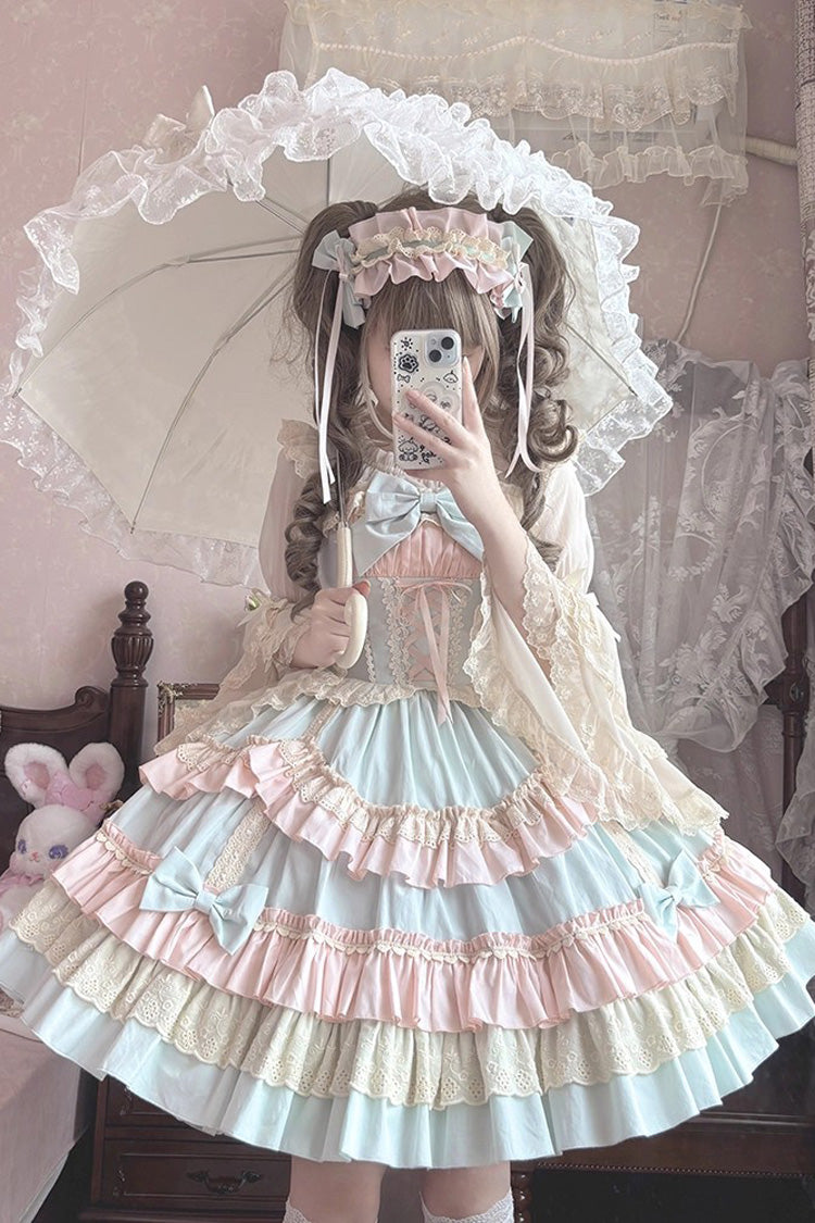 Blue Pink Candy Sleeveless Multi-Layered Ruffle Bowknot Lace-Up Sweet Lolita Tiered Dress