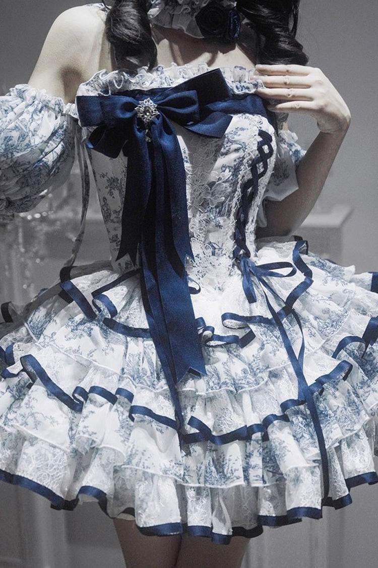 Blue White Sleeveless Multi-Layered Print Bowknot Fishbone Sweet Classic Chinese Style Lolita Jsk Short Dress