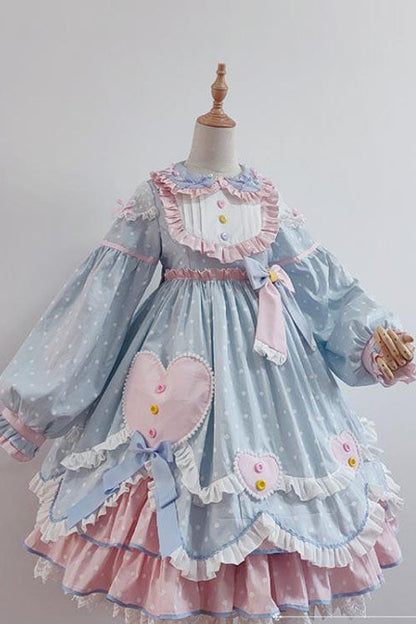 Blue OP Tiered Dress Sweet Lolita Bowknot Love Pocket Ruffled - Altfashion Shop