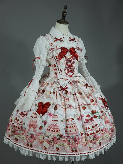 Strawberry and Desserts Print White Sweet Bow Accents Lolita JSK / Full Set