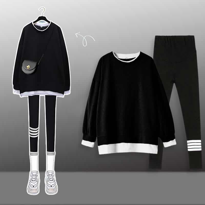 Lässiges Sweatshirt mit rundem Kragen, lässiges Leggings-Set