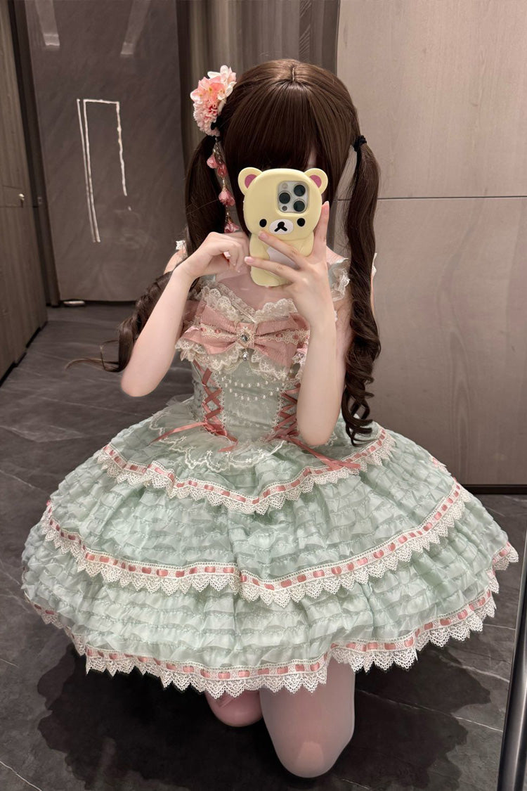 Emerald Triple-Layer Bow Lace-Up Lolita JSK - Floral Letters