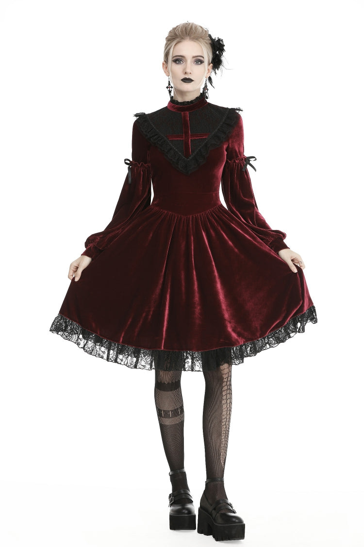 Vintage Long Sleeve Lace Collar Cross Gothic Velvet Dress for Women