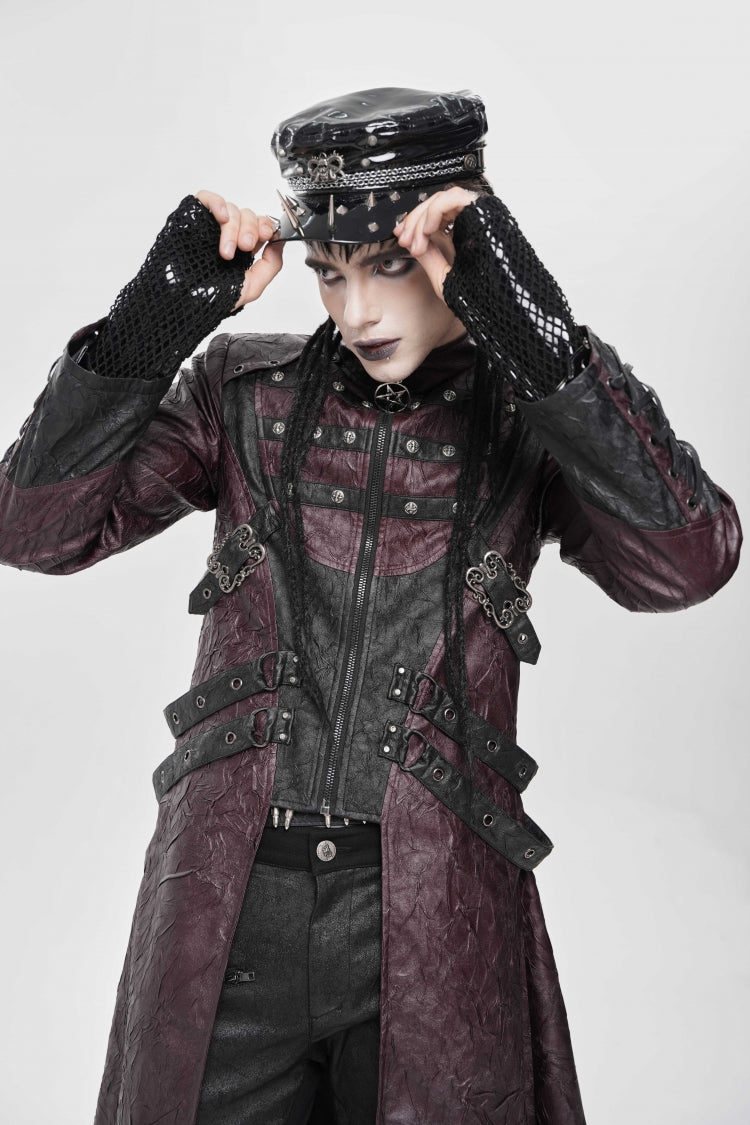 Crimson Mandarin Collar Zip Strap Eyelet Men's Punk Coat
