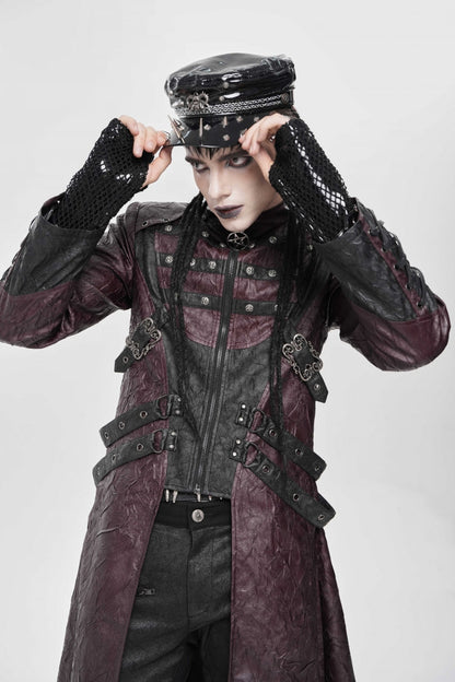 Crimson Mandarin Collar Zip Strap Eyelet Men's Punk Coat