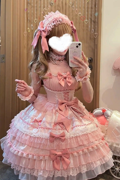 Pink Multi-Tier Ruffle Bow Lace Sweet Gorgeous Lolita Jumper - Little Lovetine