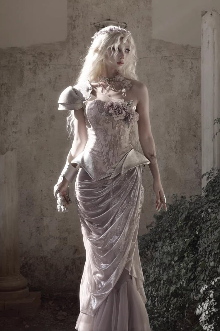 Rose Moonlight Beast Spirit Elf One Shoulder Print 3D Floral Asymmetrical Fishbone Sweet Corset
