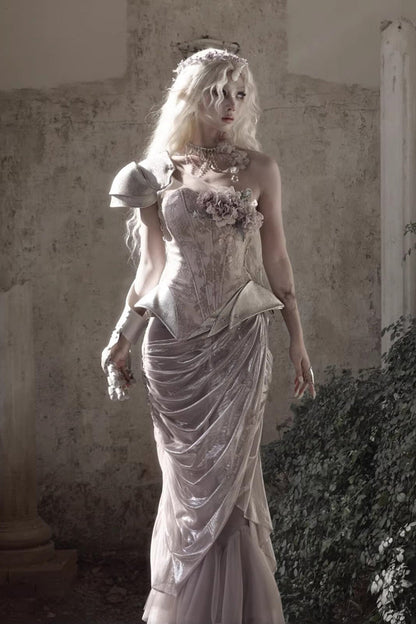 Rose Moonlight Beast Spirit Elf One Shoulder Print 3D Floral Asymmetrical Fishbone Sweet Corset