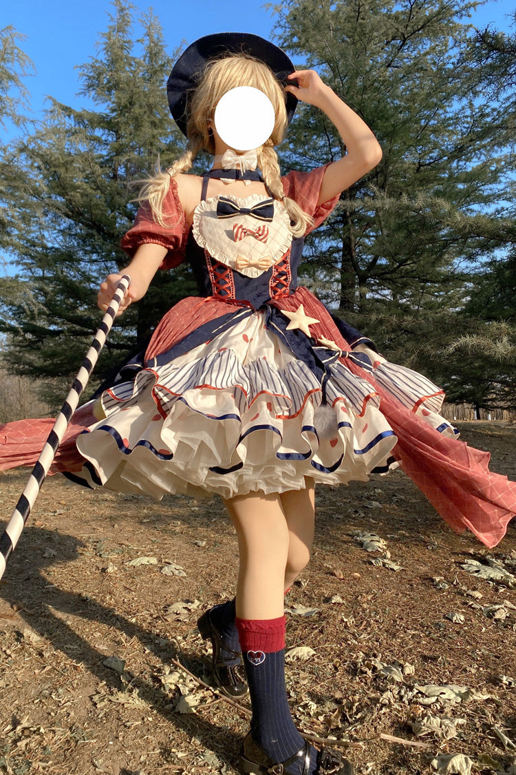Circus Theme Short-Sleeved Layered Print Ruffled Bow Sweet Dress