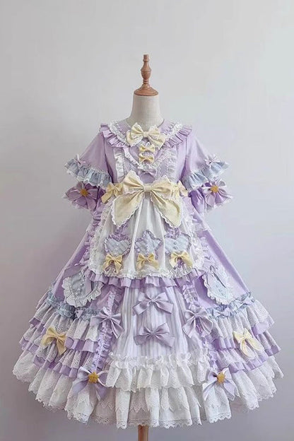 Purple Star Sugar Short-Sleeved Multi-Layer Ruffled Bow-Trim Sweet Lolita Dress