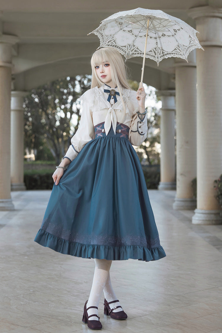 Blue Ruffle Embroidered Lace-Up Sweet College Elegant Lolita Skirt