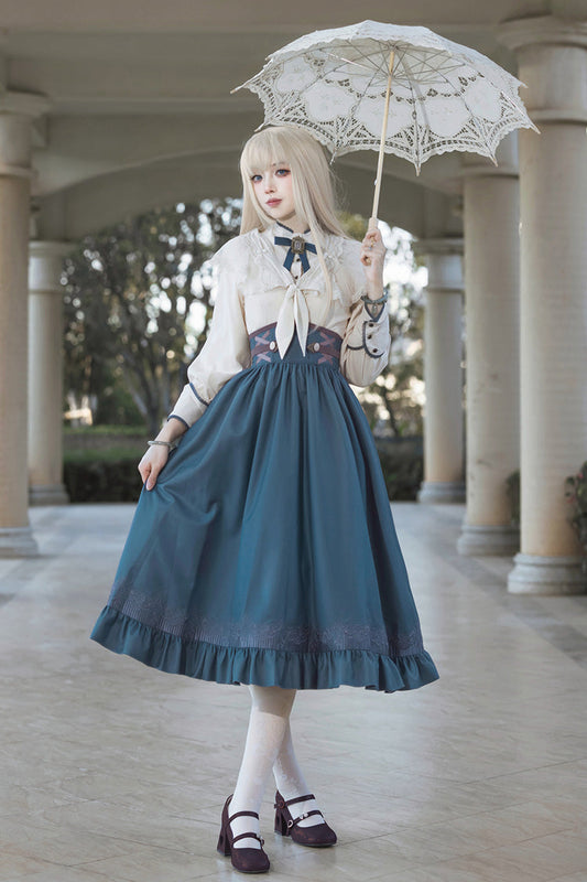 Blue Ruffle Embroidered Lace-Up Sweet College Elegant Lolita Skirt