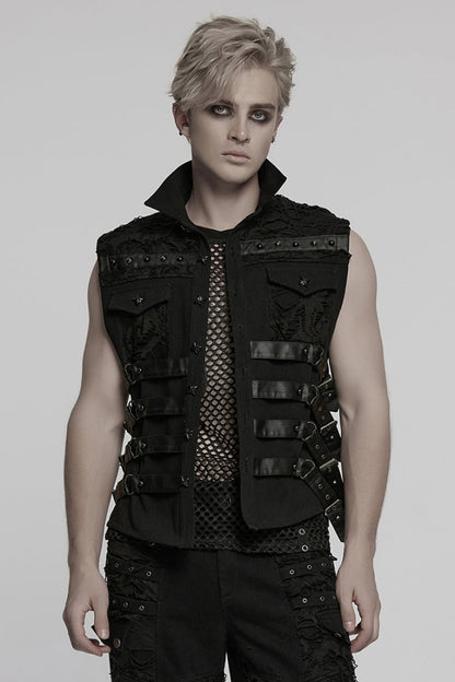 Men's Punk Vest with Rivet Buckles and Mesh Stitching