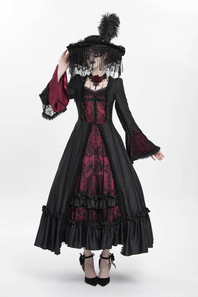 Long Sleeve Floral Embroidery Lace-Up Pleated Gothic Dress