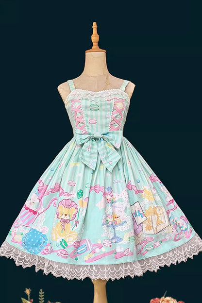 Macaron Dolly House Sleeveless Print Bowknot Lace-Up Sweet Lolita Jsk Dress Colors