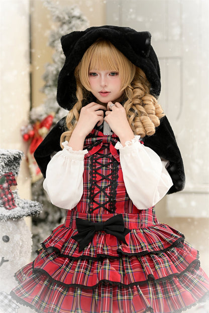 Velvet Cake Printed Ruffled Bow Lace-Up Gothic Elegant Lolita JSK