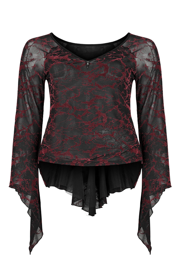 V Neck Stretch Mesh Abstract Pattern Flared Cuffs Plus Size Gothic Tee